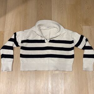 Velvet by Graham & Spencer Black and Cream Cropped Striped Lucie Polo Sweater